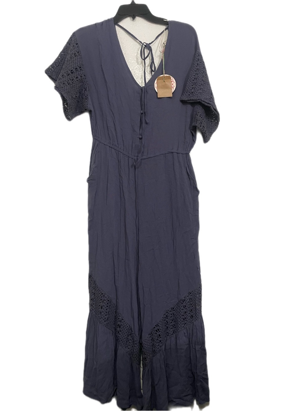 Umgee Navy Crochet-Sleeve Wide Leg Jumpsuit